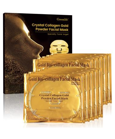 Greenlife Crystal 24K Gold Collagen face 10pcs Masks sheet - Anti Aging Wrinkles Moisturising Blemishes Firming Toning Dark Circles (10 pcs golden facial mask)