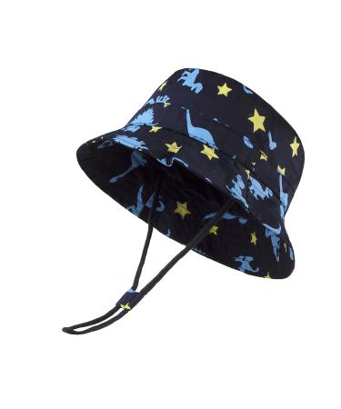 LANGZHEN Beach Sun Protection Hat for Baby Girls Adjustable Toddler Kids Hat Wide Brim Summer Play Hat with Chin Strap Navy - Dinosaur X 2-4 Years