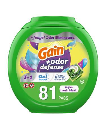 Gain Flings Laundry Detergent Pacs with Odor Defense, HE Compatible, 81 Ct, 3in1 DetergenPacs with Febreze and Oxi, Super Fresh Blast Scent Super Fresh Blast Scent 81 Count (Pack of 1)
