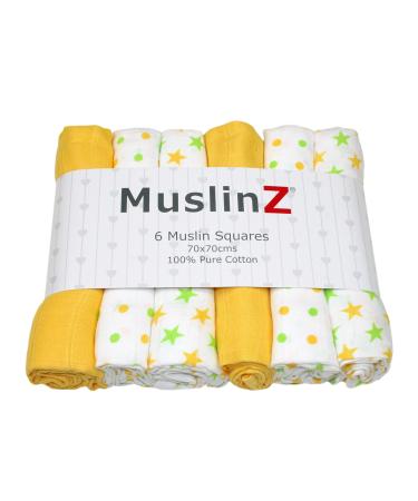 MuslinZ 6pk Baby Muslin Squares Burp Cloths Dribble Cloth Breastfeeding Cover 70x70cm 100% Pure Cotton Absorbent & Breathable (Yellow Star)