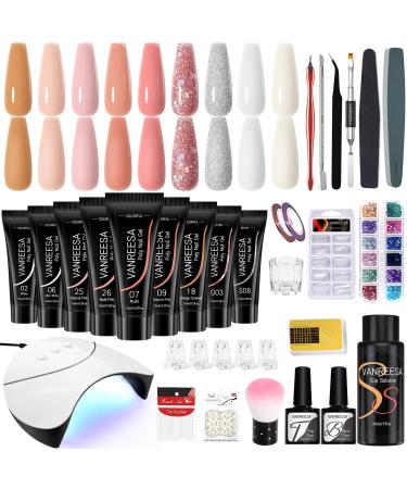 Poly Nail Gel Kit VANREESA 15ml 9 Autumn Colours Poly Nail Extension Gel Set with 36W Nail Lamp Builder Nail Gel Nail Strengthen Base Top Coat Nail Enhancement Starter Kit for Women 9 Nude Glossy Series