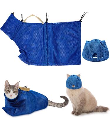 Weewooday 2 Pieces Cat Grooming Washer Mesh Bag Cat Muzzles Breathable Mesh Muzzles Adjustable Kitten Scratch-Resistant Cat Restraint Bag Fixed Bag Cat Bath Bag for Cat Bathing Nail Trimming Feeding Blue