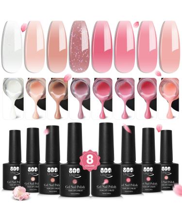 YTD Likomey Nude Gel Nail Polish Kit 8 Colors Translucent Neutral Jelly Sheer UV Nail Gel Set White Pink Glitter 7.5ml Multicolor 3