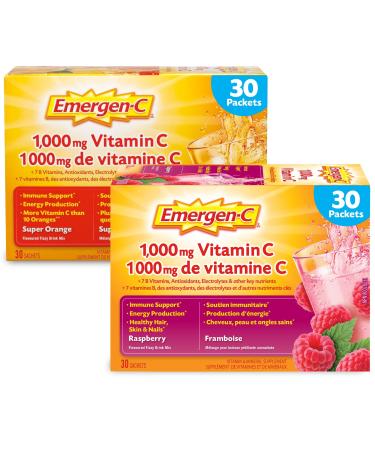 Emergen-C Bundle Vitamin C 1 000mg Powder with Vitamin D Zinc and Electrolytes Immune System Booster Orange and Raspberry 30 Packets per Flavor (60 Total) Super Orange/Raspberry 30 count (Pack of 2)