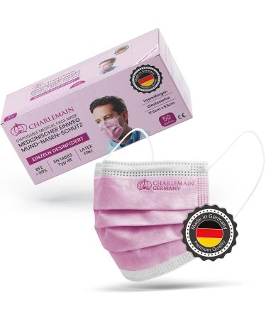 Charlemain 50x op masks made in Germany EN 14683 Type IIR medical mouth-nose protection BFE 99.9% 3-layer latex-free MNS one-way face masks-pink 50 pieces (1 Pack) pink