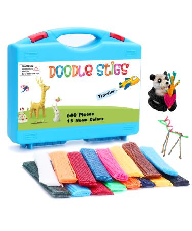 (640 Pieces and 1 Travel Case) Wax Yarn Sticks | 6-Inch 13 Neon Colors Doodle Stigs for Kids - DIY Crafts and School Project Supplies.Great Toy for Home and Road Trip Activities for Kids Travel Pack