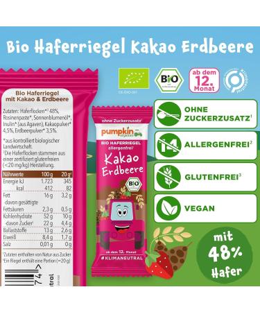 Buy Pumpkin Organics Bio Haferriegel Cocoa Strawberry (18x20g) - Sugar-Free Gluten-Free Oat & Fruit Bars for Babies & Kids - Allergen-Free Snacks - Buy Online on SooperMarket.com