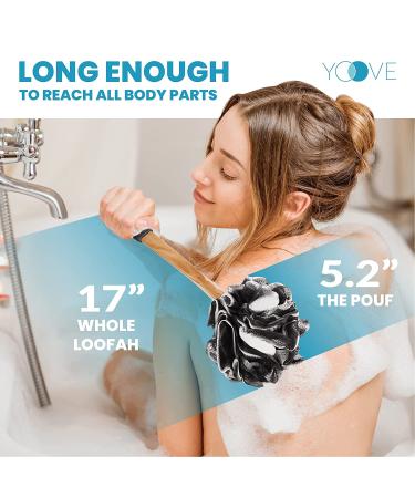 Bamboo Charcoal Infused Loofah Back Scrubber Set for Men & Women | Exfoliating Shower Sponge | Includes 1 Stick Loofah, 1 Luffa Pouf, and Hanging Hook - Black - Buy Online on SooperMarket.com