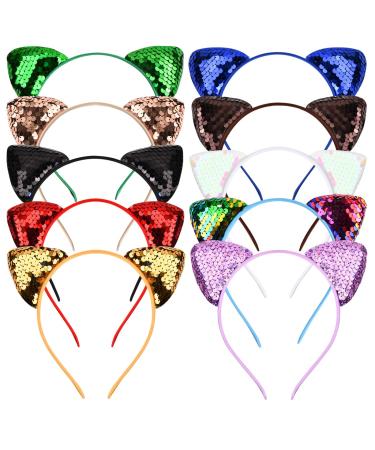 Bezavea 10 Pieces Cat Ear Hair Hoops Hair Hoop Shiny Reversible Sequin Cat Ears Headbands Glitter Cat Ears Headband Cat Ears Headbands Sequins for Women Girls Daily Life and Party Supplies