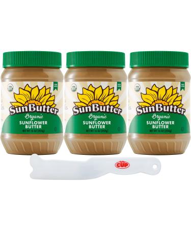 SunButter Organic Sunflower Butter 16 Ounce (Pack of 3) with By The Cup Spreader