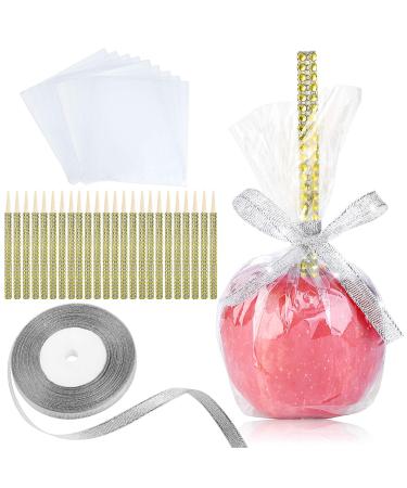 24 Pack Candy Apple Bamboo Sticks, Caramel Apple Wooden Bling Pointed Skewers, Food Sticks for Rice Krispy Treats Cookie Pops Brownies Homemade Corn Dogs with Glass Bag Glitter Ribbons Tie(Gold)