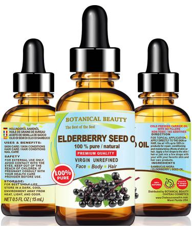 Belgian Elderberry Seed Oil Sambucus Nigra 100% Pure Natural Virgin Unrefined Cold Pressed Carrier Oil 0.5 Fl. Oz.- 15 ml for FACE Skin Hair Nails Anti-Aging by Botanical Beauty