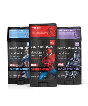Every Man Jack Marvel Deodorant Variety Set - Includes 3 Aluminum Free Deodorants w/ Clean Ingredients & Incredible Scents - Spider-Man Black Panther Captain America Fresh Air Wakanda Herbs Citrus Flight