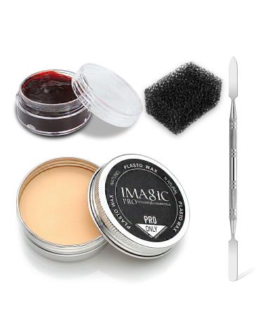 DELISOUL Scar Wax SFX Makeup Kit Halloween Fake Skin Prosthetic 3D Bloody Special Effect Party Cosplay Stage Fake Wound Molding Skin Wax with Spatula Tool Stipple Sponge 1.1oz Coagulated Fake Blood