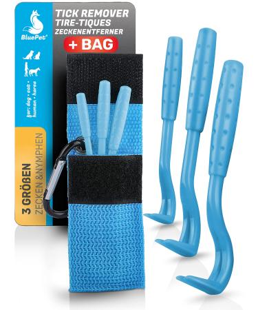 Bluepet 3 Set tick hooks for dogs cats horse & humans - tick tongs with a bag of tick lever as a proven tick remover I Alternative to tick tweezers zecke -mooring & tick remedies 3x set blue with bag