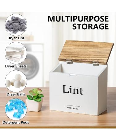 Magnetic Lint Bin for Laundry - Compact Wooden Lint Box with Lid | Rustic Modern Farmhouse Decor - White & Torched Finish - Buy Online on SooperMarket.com