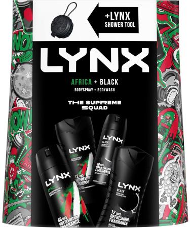 LYNX Africa & Black The Deodorant Gift Set Shower Tool 2x Body Wash & 2x Body Spray perfect for his daily routine 4 piece - Buy Online on SooperMarket.com