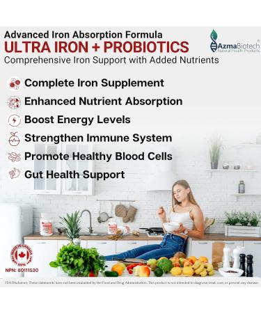 Probiotics Iron Supplements for Women & Men - 500 mg (60 Iron Caps) Probiotics 10 Billion CFU/g & Vitamins C B12 E & Folate - Iron Bisglycinate Blood Builder - Vegan Iron Probiotics for Men & Women - Buy Online on SooperMarket.com