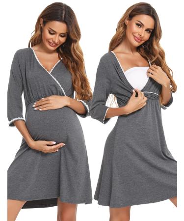 Sykooria Women's Breastfeeding Dress Cotton Soft Nursing Nightdress 3/4 Length Sleeves Maternity Nightdress Labour Nightgown for Hospital and Home A - Dark Grey XL