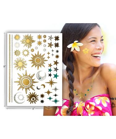 Terra Tattoos Tropical Hawaiian Metallic Temporary Tattoos - 75 Gold Silver Designs with Turtles, Dolphins, Stars, Sun, Moon, and more! - Buy Online on SooperMarket.com
