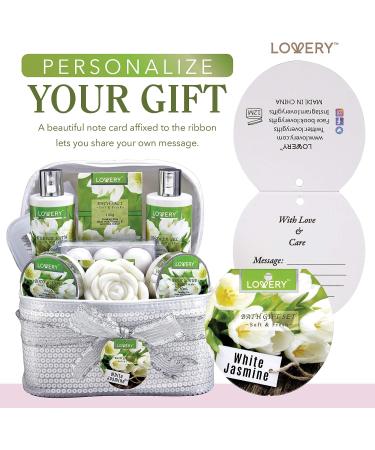 Fathers Day Bath and Body Gift Basket - White Jasmine Scented Home Spa Set for Women & Men | 14 Piece Set with Bath Bombs, Body Lotion, Rose Soaps, and Cosmetics Bag - Buy Online on SooperMarket.com