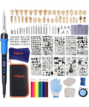 112PCS Calegency Wood Burning Kit-Wood Burning Tool Set with Digital LCD Display Pyrography Pen Adjustable Temperature and Embossing/Carving/Soldering/Engraving Tips for Wooden Crafts Blue