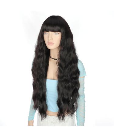 YEESHEDO Long Black Wigs with Fringe - Natural Looking 28 Inches Curly Wavy Synthetic Hair for Women - Ideal for Daily Wear and Halloween Cosplay - Buy Online on SooperMarket.com