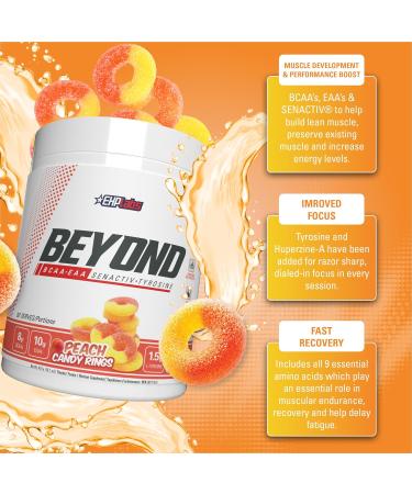 EHP Labs Beyond BCAA Powder Amino Acids Supplement for Muscle Recovery - 8g of Sugar Free BCAAs Amino Acids Post Workout Recovery Powder & 10g of EAA Amino Acids Powder - 60 Servings (Peach Candy Ring) Peach Candy Rings - Buy Online on SooperMarket.com