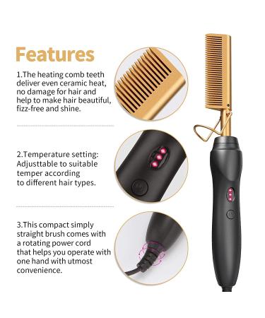 Ceramic Electric Hot Comb Hair Straightener - 3-in-1 Curling Iron for Natural Black Hair, Beard, Wigs - Holiday Gift - Gold - Buy Online on SooperMarket.com