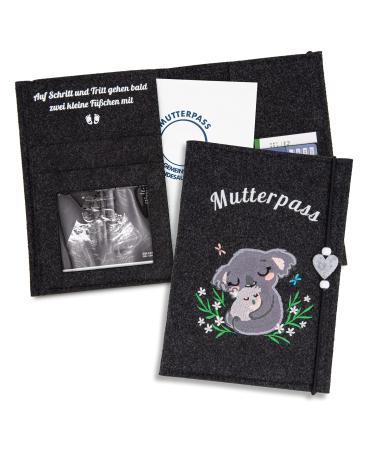 Zwen Motherpass envelope koala gray - mother -pass case felt for German mother pass handmade - mother pass organizer with subjects for ultrasound image vaccination pass etc. as pregnancy gift dark gray (German mother pass)