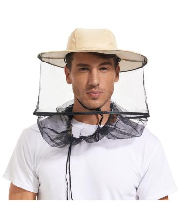 Mosquito Head Net Hat - Bug Cap UPF 50+ Sun Protection with Hidden Netting for Beekeeping Hiking Men & Women Beige 7 1/2