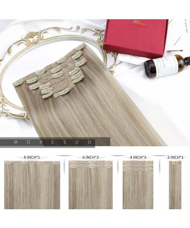 Moresoo 20 Inch Blonde Clip in Hair Extensions - Ash Blonde with Platinum Blonde Highlights - 100% Real Human Hair - 7 Pieces/120g #P18/613 - Buy Online on SooperMarket.com