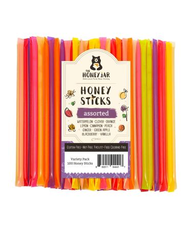 The Honey Jar Variety Pack Raw Honey Sticks - Pure Honey Straws For Tea, Coffee, or a Healthy Treat - One Teaspoon of Flavored Honey Per Stick - Made In The USA with Real Honey - (100 Count)