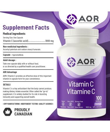 AOR - Vitamin C 1000mg 100 Capsules - Essential Ascorbic Acid Supplement - Promotes Overall Wellness - Supports Bones Gums & Teeth - Non-GMO Vegan - Ideal for Daily Health Maintenance - Buy Online on SooperMarket.com