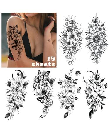 Celaza Temporary Tattoos for Women  Black Henna Flower Rose Tattoo Stickers for Adult Girls  Long Lasting Fake Semi Permanent Tattoo for Body Leg  3D Tatuajes Temporales - 15 Sheets
