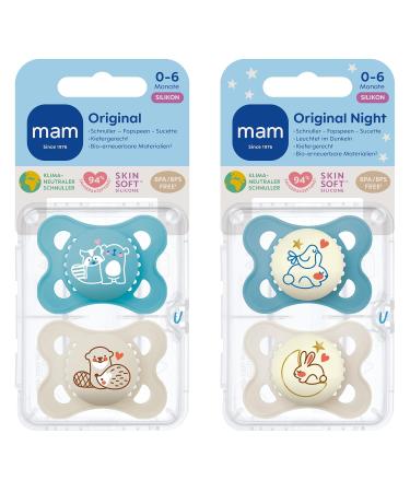 MAM Original Day & Night Pacifier Set - Sustainable & Organic 0-6 Months - Skinsoft Silicone Includes Pacifier Box - B r/Otter/Hase/Moon Blue - Buy Online on SooperMarket.com