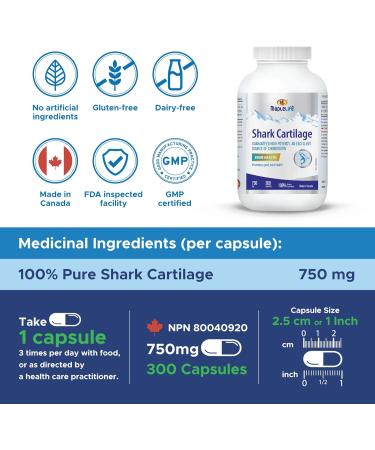 MapleLife Nutrition - Shark Cartilage 750mg - Excellent Source of Chondroitin - High Potency Pure Ingredients Calcium Carbohydrates Maintain Bone Health Reduce Joint Pain Anti-Inflammation Reduce Swelling & Redness of Joints Free of Artificial Ingredients - Buy Online on SooperMarket.com