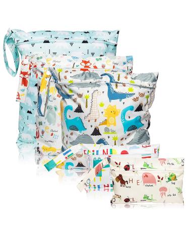 WATINC 5pcs Baby Cloth Nappy Wet Bags Reusable Cloth Diaper Bags Washable Travel Dry Wet Bag with Bear Dinosaur Animal Cartoon Patterns Waterproof Wet Suit Bags for Beach Pool Daycare Gym (3 Sizes)