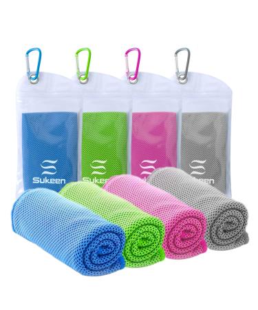 Sukeen 4 Pack Cooling Towel (40"x12"), Ice Towel, Soft Breathable Chilly Towel, Microfiber Towel for Yoga, Sport, Running, Gym, Workout,Camping, Fitness, Workout & More Activities Blue/Grey/Green/Pink