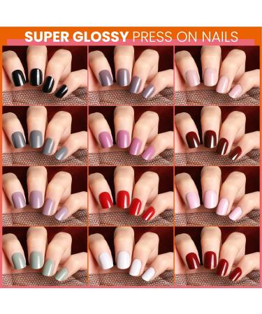 Teenitor Short Press On Nails - 12 Packs Glossy Square Fake Nails for Women with Adhesive Tabs and Nail Files - Buy Online on SooperMarket.com