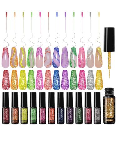 Gel Nail Polish Liner Nail Art 12 Colors 8ml Reflective Glitter Gel Flash Diamond Painted Polish Gold Silver Pink Gel Kit Soak Off UV Nail Art Design Set DIY Manicure Gifts for Women