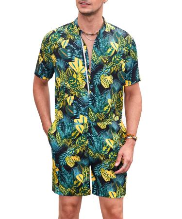 COOFANDY Men's One Piece Rompers Short Sleeve Hawaiian Floral Shirt Zipper Jumpsuit Shorts Casual Beach Playsuit with Pockets Black-leaves X-Large