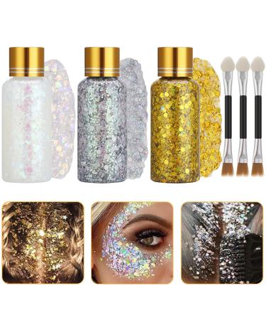 3Pcs Body Glitter Gel 50ml Face Glitters Body Gel Sequins Holographic Sparkling Lotion Glitter with 3 Brushes Face and Body Gel Liquid Eyeshadow Sequins Glitter