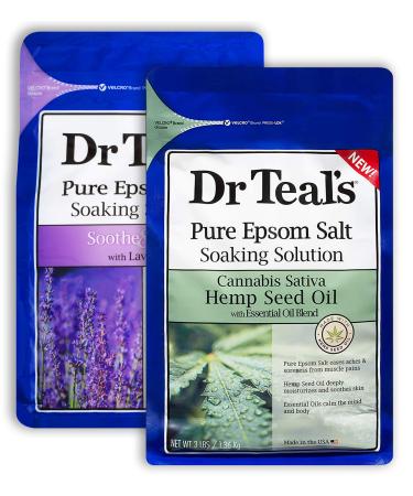 Dr Teal's Pure Epsom Salt Bath Variety Gift Set (2 Pack 3lbs Ea.) - Soothe & Sleep Lavender & Hemp Seed Oil Soaking Solutions - Essential Oils Ease Pain & Help with Sleep