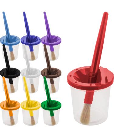 U.S. Art Supply 10 Piece Children's No Spill Paint Cups with Colored Lids and 10 Piece Large Round Brush Set with Plastic Handles No Spill Cups
