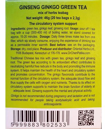 Dr Chen Ginseng Root Green Tea with Ginkgo Biloba Traditional Natural Herbal Blend 20 Teabags - Buy Online on SooperMarket.com