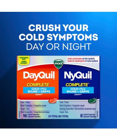 Vicks DayQuil COMPLETE Cold and Flu LiquiCaps Medicine Non-Drowsy Daytime Multi-Symptom Relief for Cough Congestion Fever Sore Throat Pain 24 Count 24 Count (Pack of 1) - Buy Online on SooperMarket.com