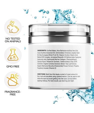 Retinol and Collagen Facial Moisturizer with Hyaluronic Acid - Anti Aging Day/Night Cream for Hydrating Wrinkle Reduction - Suitable for All Skin Types - Men & Women - Buy Online on SooperMarket.com