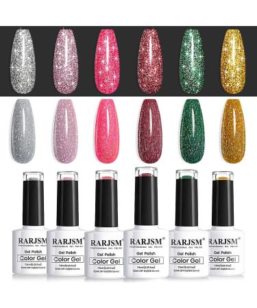 RARJSM Glitter Gel Nail Polish Set Reflective Shinny Gel Polish Explosion Diamond Nail Gel 6PCS Gold Hot Pink Green Red Silver Gel Nail Art Varnish Manicure Kit in Gift Package