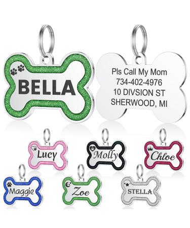 Dog brand with engraving - Yhananti personalized pendant for small to medium -sized dogs in glitter bones - stainless steel dog brand personalized with name telephone number and address (green small) s green
